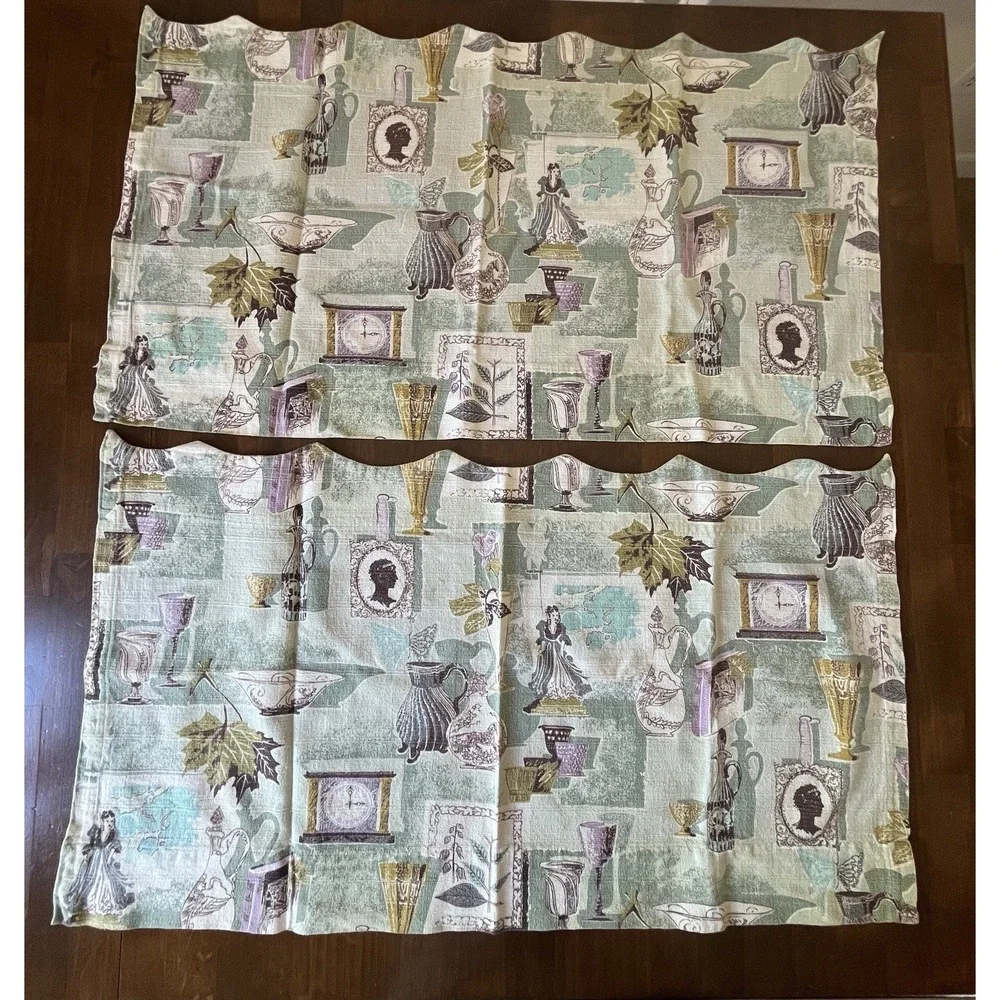 Vtg 1950's Barkcloth Fabric Butterfly Cameo PURPLE 6 Pieces & 3 Ties Faded *READ